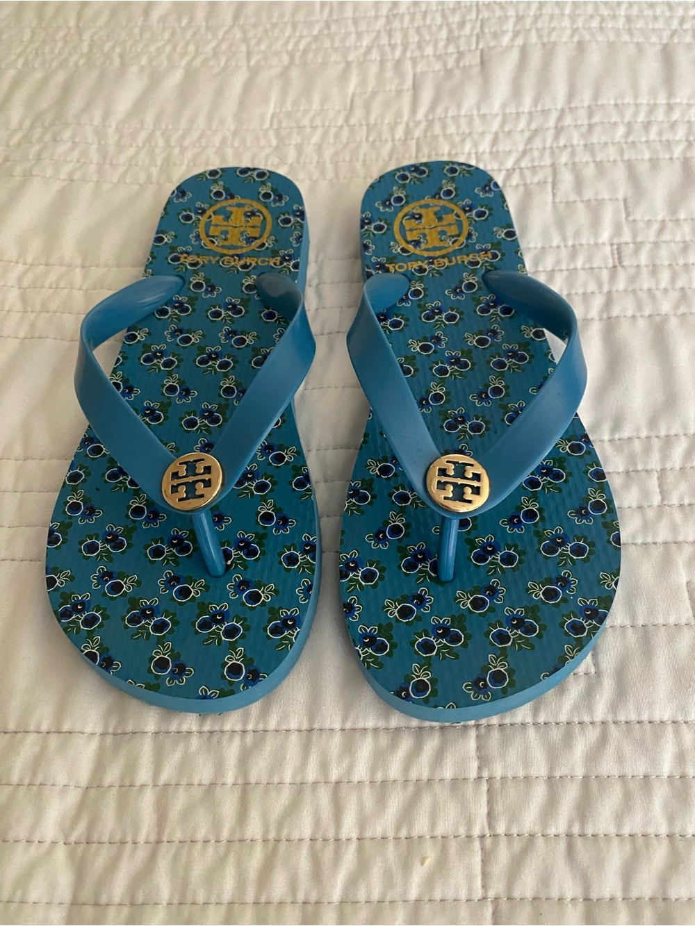 Tory Burch Teal Floral Logo Flip Flops for Kids